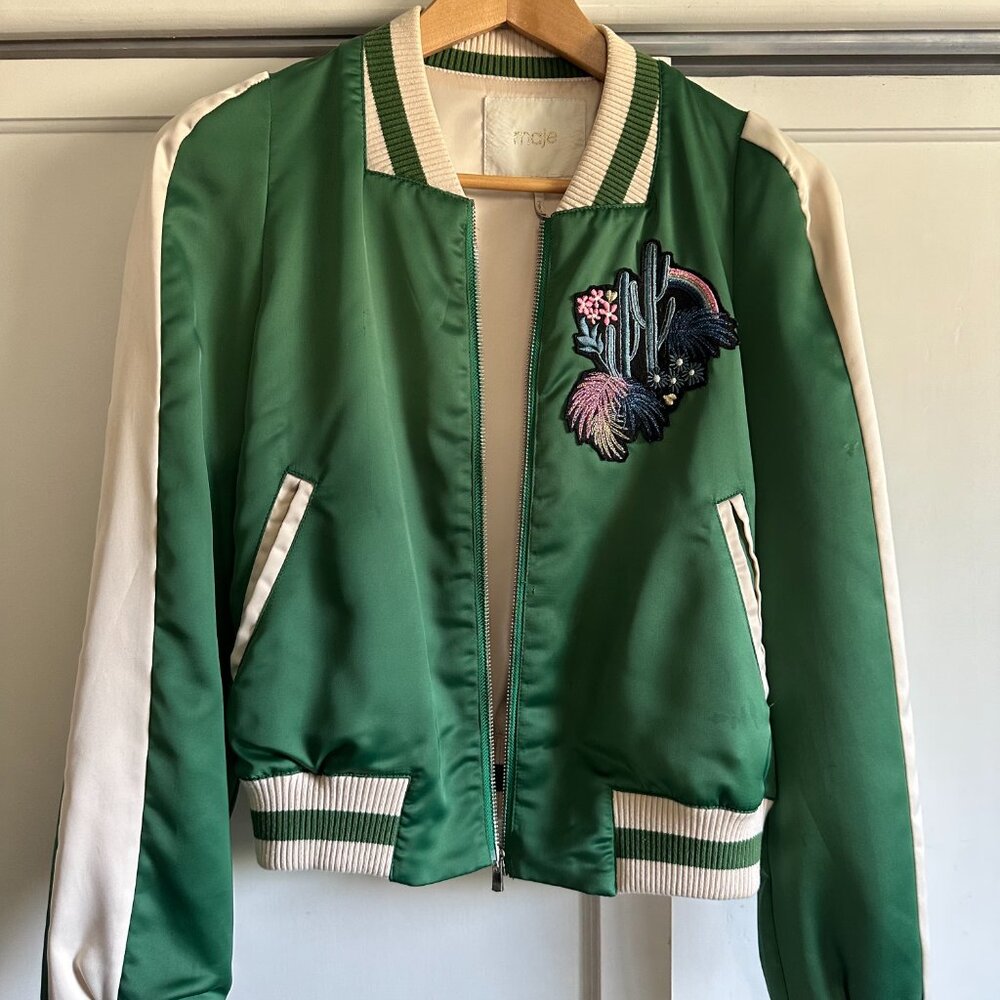 Maje Bacary Satin Varsity Jacket in Green - Size 40